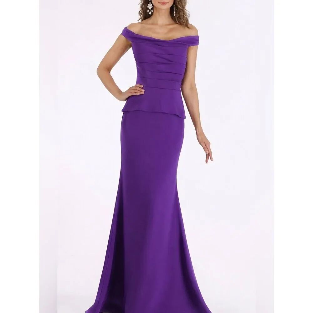 Gia Franco Purple Pleated Off-Shoulder Trumpet Dress With Train Size 10